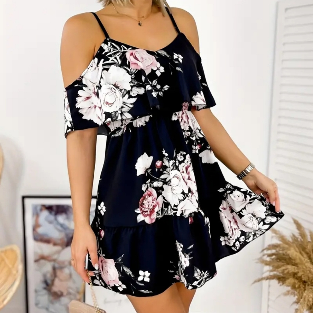 Floral Print Cami Dress, Ellegent Ruffle Trim V-neck Off The Shoulder